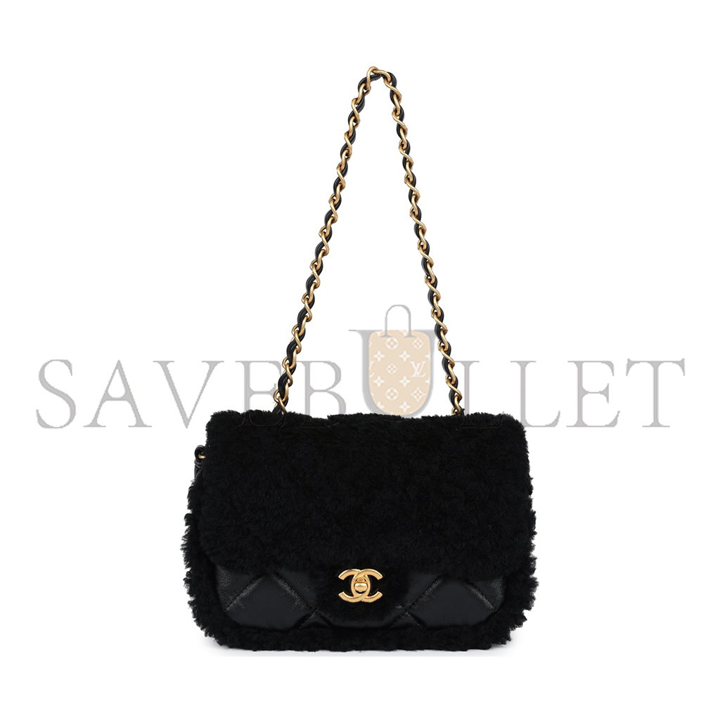 CHANEL MINI SHEARLING FLAP BAG BLACK LAMBSKIN BRUSHED GOLD HARDWARE AS5148 (18*12*6cm)